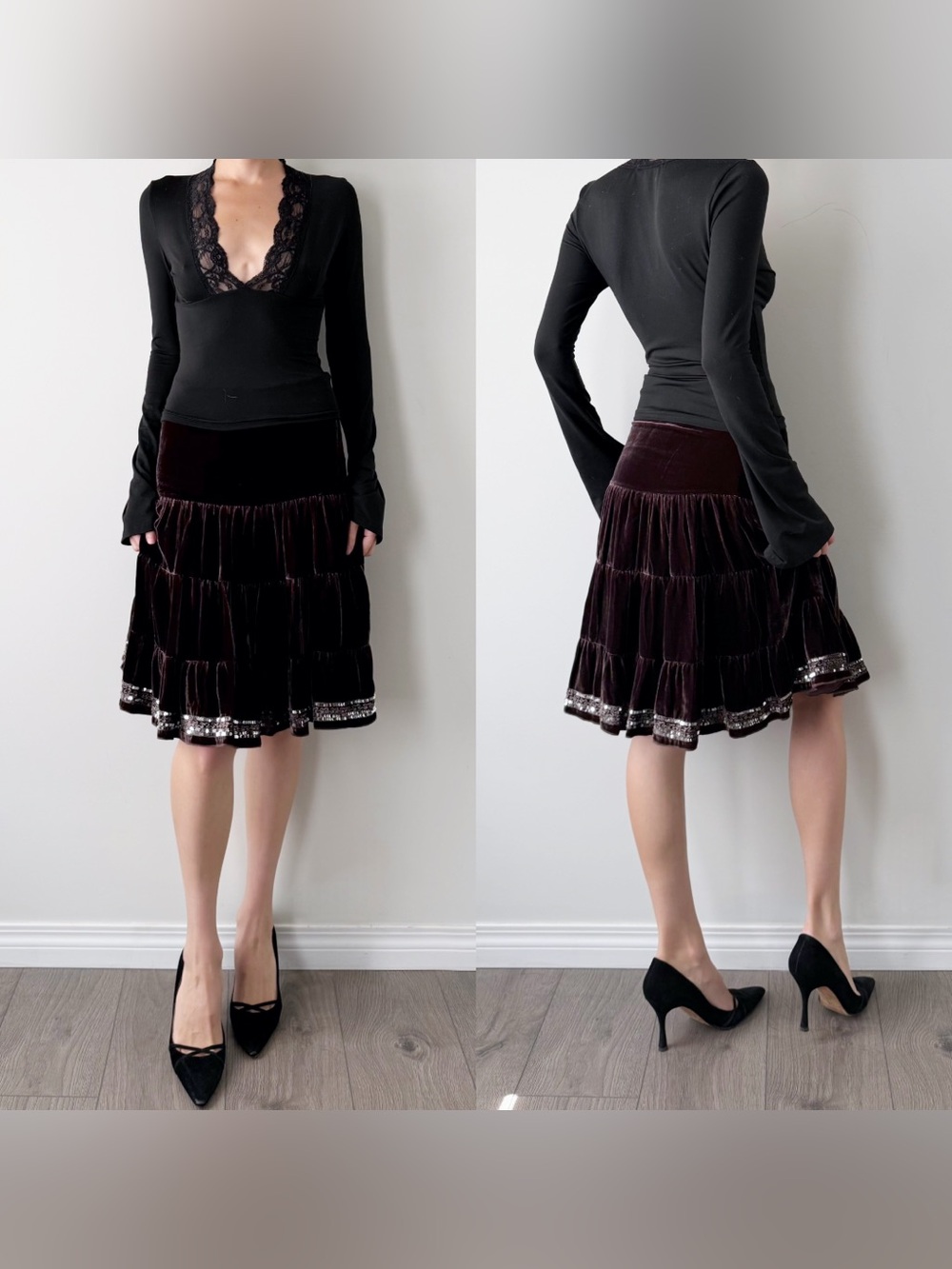Whimsigoth Gracie velvet tiered silk sequin midi skirt